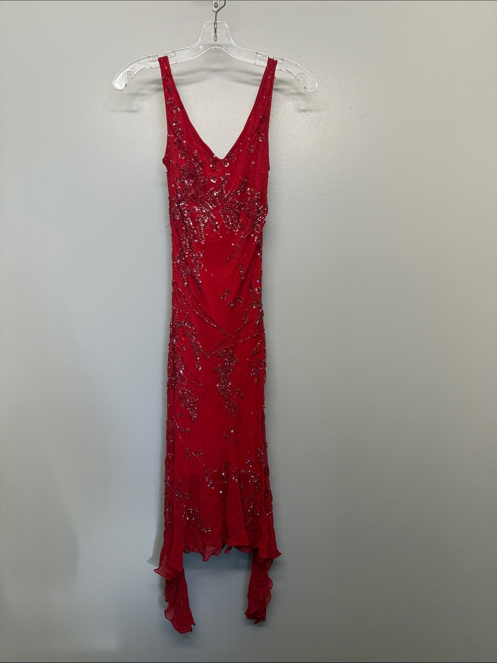 Vintage Jora Silk Red Sequin V-Neck Dancing Party Midi Dress